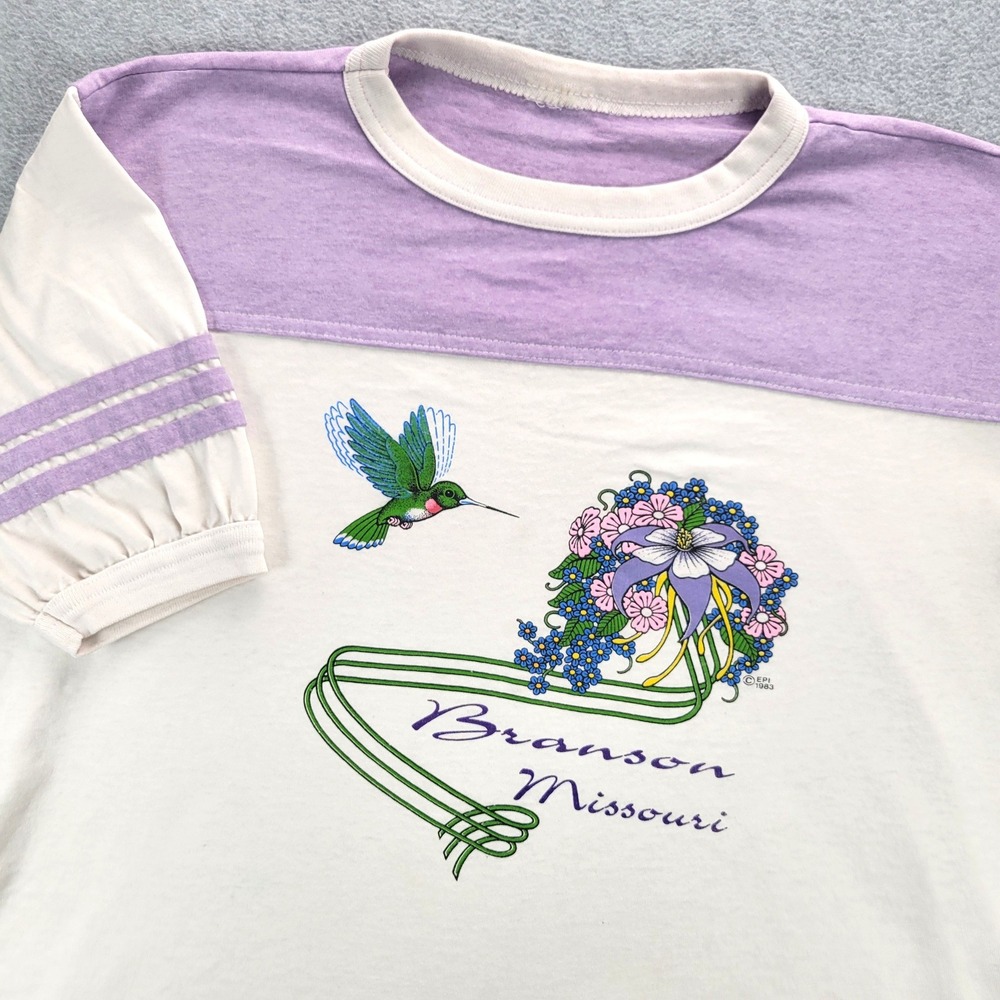 Vintage Branson Missouri T Shirt Women XL Cream Purple Hummingbird 1983 Ringer